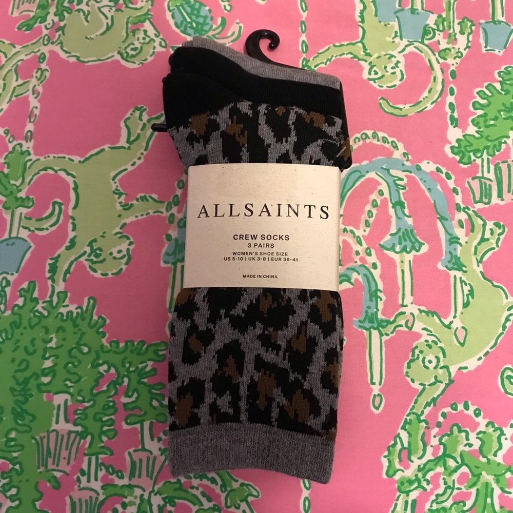 New All Saints crew Socks 3 Pair leopard black gray Women 5-10